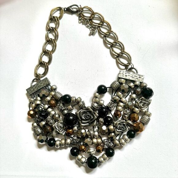Rose silver tone and black chunky statement necklace - Picture 7 of 10